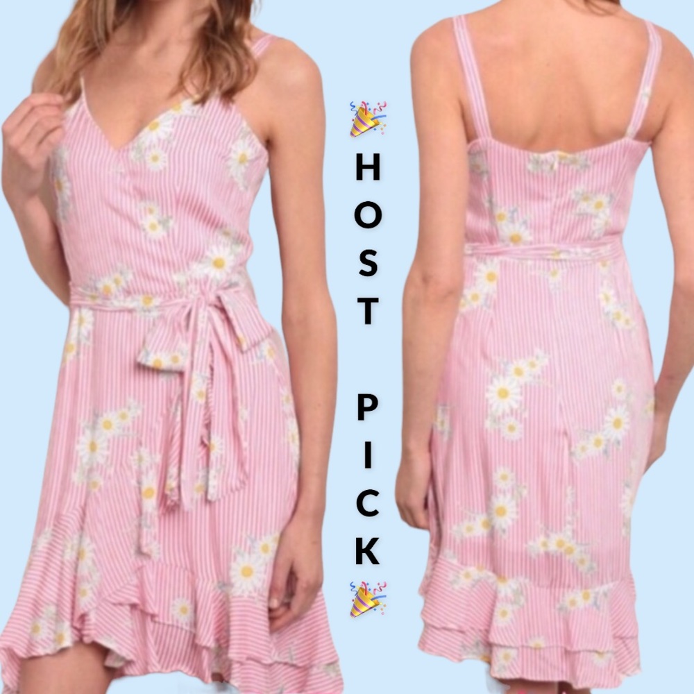❌DONATED❌Pink Floral Stripe Ruffle Tie Waist Lined Dress - Picture 1 of 9